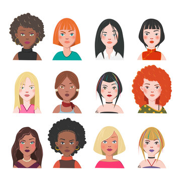 Set of Women Avatars. Twelve Characters from Different Subcultures and Social Strata. Raising an Eyebrow Women. Diversity of Cultures. Vector Illustration.