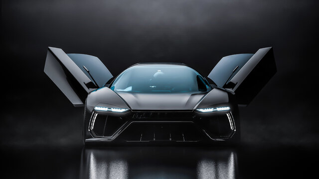 Futuristic sports car with doors opened in dark smoky environment (3D Illustration)