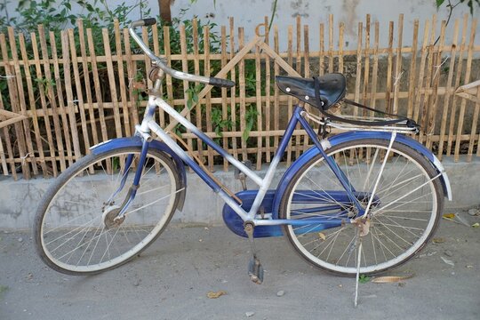 An antique blue bicycle is parked near a bamboo fence