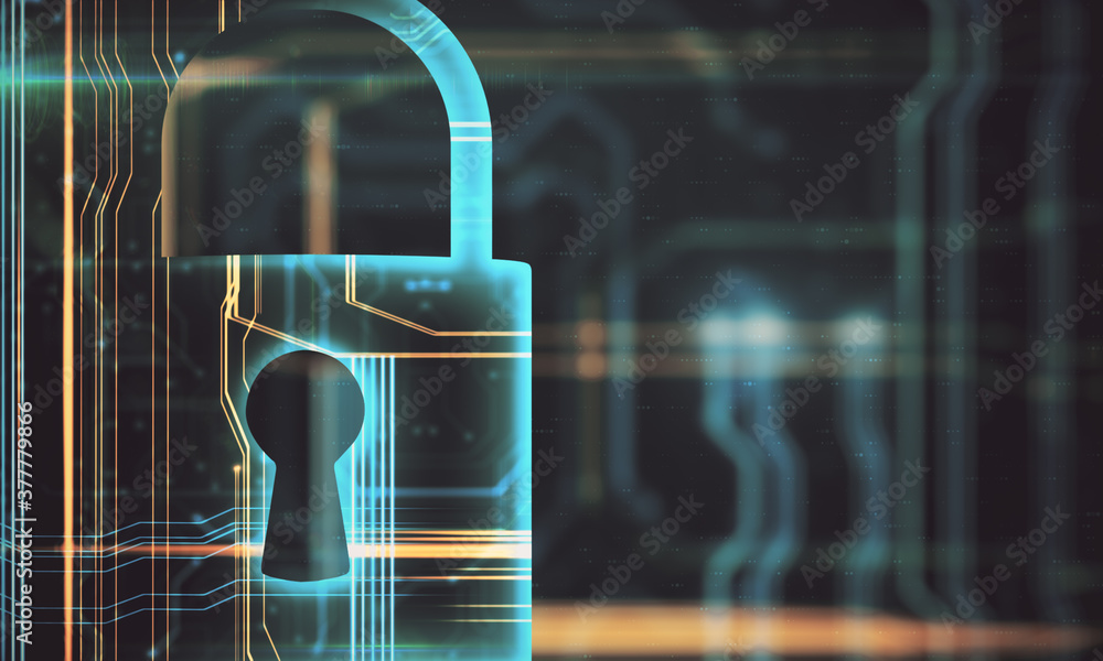 Poster Glowing digital padlock with abstract lines hologram.