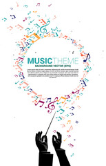 Vector silhouette of conductor hand with music melody note dancing flow . Concept background for classic music concert and recreation. © Panithan