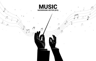 Vector silhouette of conductor hand with music melody note dancing flow . Concept background for classic music concert and recreation.