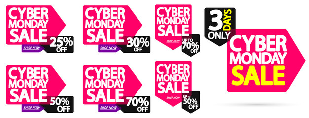 Cyber Monday Sale, banners design template, discount tags, season offers, vector illustration