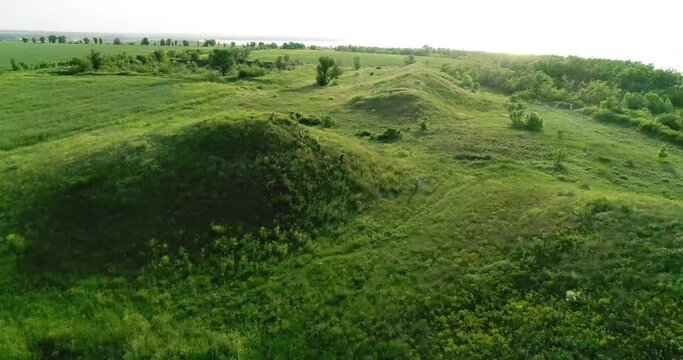 Scenic view of the burial mounds of Mamay Mountain. Aerial view.
