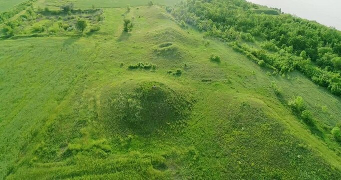 Scenic view of the burial mounds of Mamay Mountain. Aerial view.