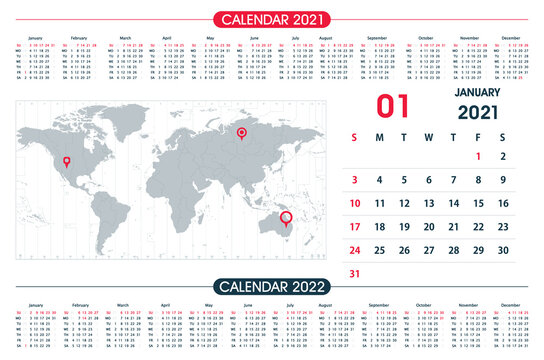 January Calendar year 2021 and World Map Time Zone