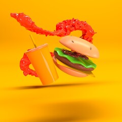concepto de hamburguesa y vaso en 3d