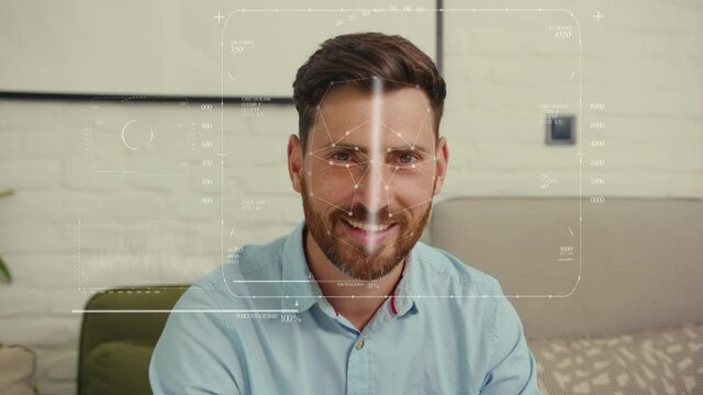 Portrait man Animation 3d recognition scanning mask of the face eye of man look at camera smiling technology recognition human software identification information sci-fi digital biometric slow motion