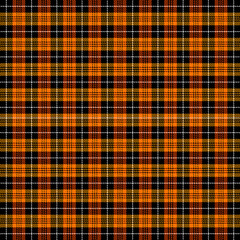 Halloween Tartan plaid. Scottish pattern in black, orange and gray cage. Scottish cage. Traditional Scottish checkered background. Seamless fabric texture. Vector illustration