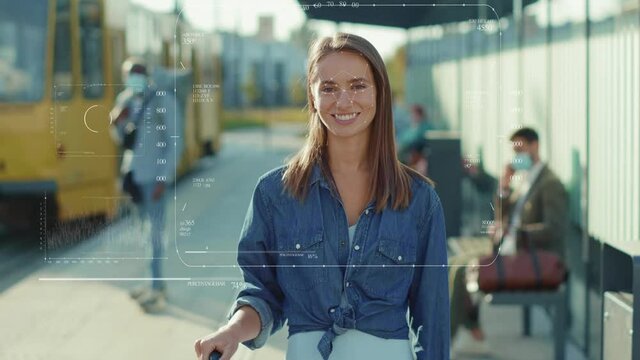 Young beautiful woman look to camera Anamation scanning Of face eye of technology recognition human software identification information sci-fi digital biometric slow motion