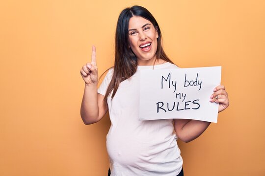 Young beautiful brunette pregnant woman holding banner with my body my rules message smiling with an idea or question pointing finger with happy face, number one