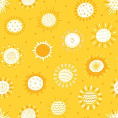Cute Sun with Abstract Patterns Vector Seamless Pattern. Hand Drawn Doodle Suns. Sky Yellow Background for Kids Fashion, Children's Wallpaper, Nursery, Baby Shower Scandinavian Design