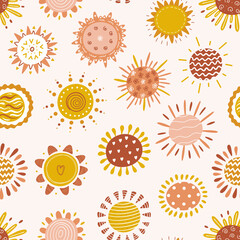Cute Sun with Abstract Patterns Vector Seamless Pattern. Hand Drawn Doodle Suns with Retro Colors. Sunny Sky Background for Kids Fashion, Children's Wallpaper, Nursery, Baby Shower Scandinavian Design