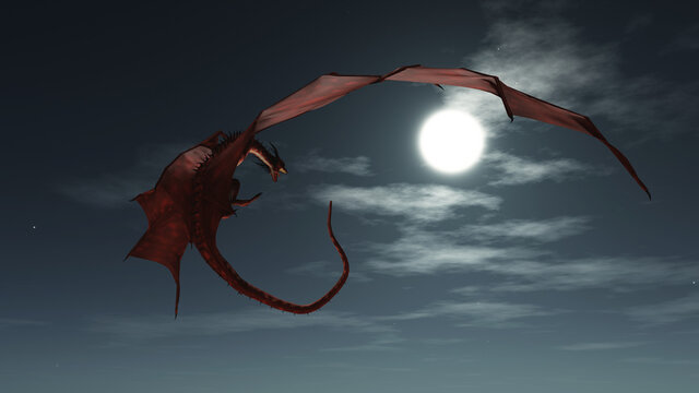 Fantasy illustration of a red dragon flying in the night sky in the moonlight, 3d digitally rendered illustration