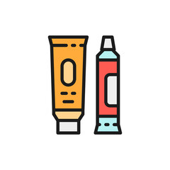 Hand cream, cosmetic tubes, toothpaste flat color line icon.