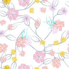 Pink Flowers Blooming Pattern. Pastel Watercolor.