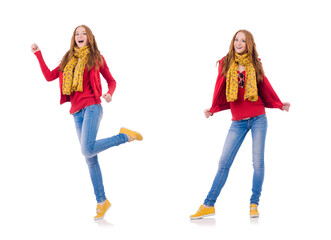 Cute smiling girl in red jacket and jeans isolated on white