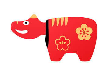 横を向く梅模様の赤べこ