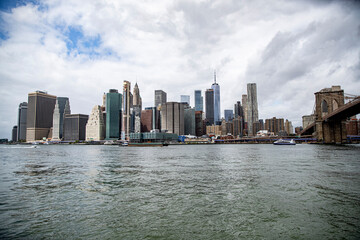 Fototapeta na wymiar A view of lower Manhattan skyline from the East River in New York City on Sunday, Sept. 13, 2020. (Gordon Donovan)