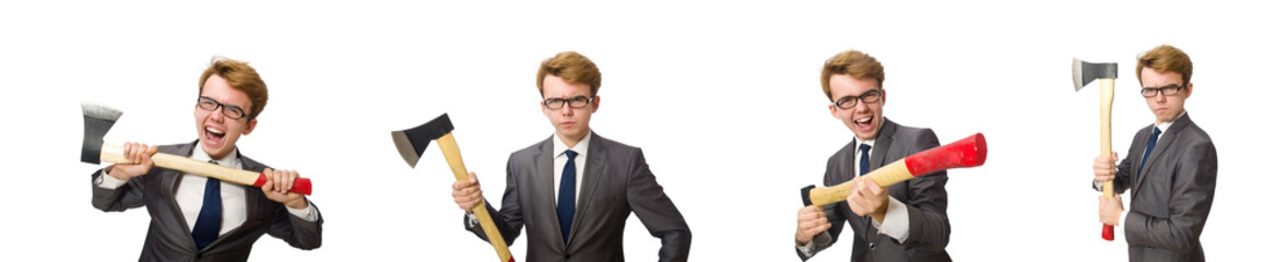 Young businessman with weapon isolated on white