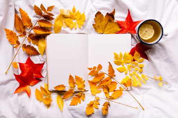 Bullet journal blank notepad pages in a cozy space with enamel cup of lemon ginger tea and colorful...