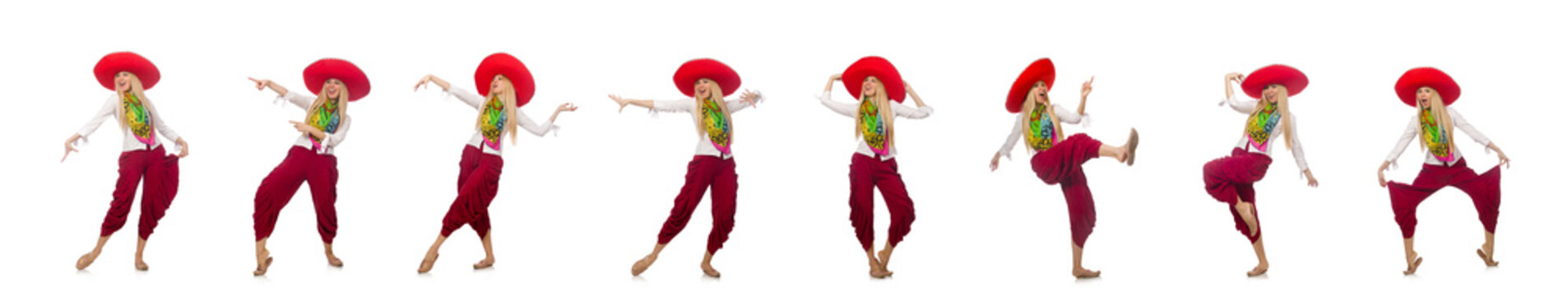 Mexican Girl With Sombrero Dancing On White