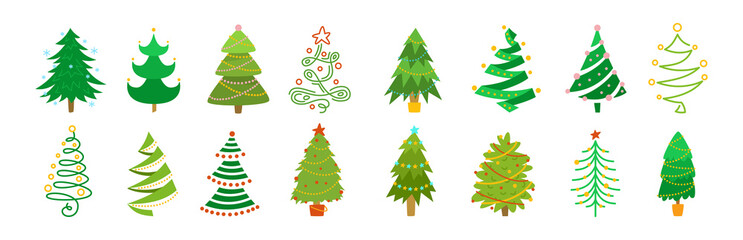 Collection Christmas tree. New Year traditional design ornaments, stars or garlands. Hand drawing green xmas trees cartoon set. Stylized symbol for holiday flat vector illustration