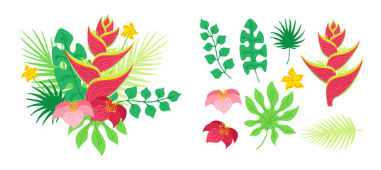Tropical bouquet flowers of heliconia. Hawaiian cartoon card. Floral flat composition for invitation or holiday. Wild flowers collection. Exotic hand drawn jungle. Vector illustration