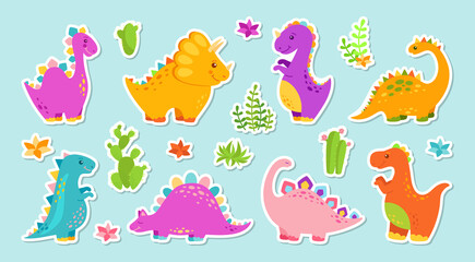 Sticker dinosaur cartoon set. Reptile flat collection, predators and herbivores dino, egg. Funny colorful dinosaurs. Baby design cute animals. Vector illustration isolated on white background