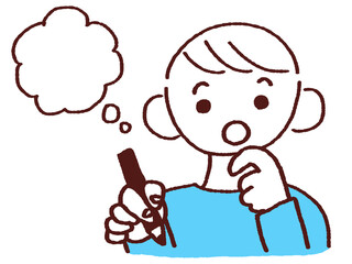 顔に手をおきペンを持つ若い男性 吹き出し