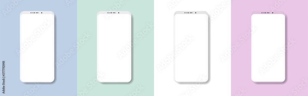 Poster Minimalist modern mockups vector smartphones with colored background. Frontal view cellphone in realistic style with shadow and empty screen. Mockup smartphone 3D set with calm tones of backgrounds