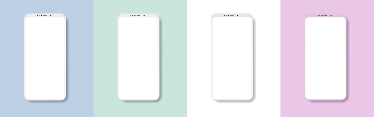 Minimalist modern mockups vector smartphones with colored background. Frontal view cellphone in realistic style with shadow and empty screen. Mockup smartphone 3D set with calm tones of backgrounds