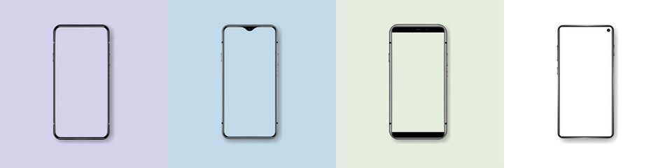 Frontal mockup smartphones with shadow and soft trending background. Cellphones in realistic style with shadow and blank screen. Smartphone vector mockup.  Vector collection mobile phones
