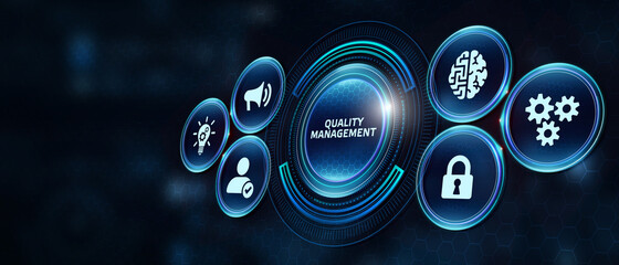 Businessman pressing quality management button on virtual screens. Business, Technology, Internet...