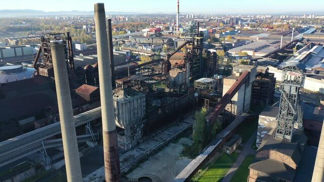 Aerial view of big industrial zone of closed metallurgical factory complex in Ostrava