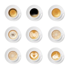 Coffee cup top view. Black coffee, cappuccino, americano, latte, espresso, macchiato, mocha with various drawing illustration. Realistic vector icon set isolated on white. Vector coffee cup on saucer