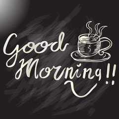 Obraz premium Good Morning, coffee cup on chalkboard