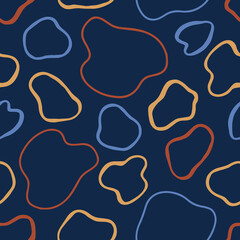 Modern abstract seamless pattern with colorful spots, shapes, lines, dots and design elements. Hand drawn scandinavian background. Perfect for textile, wrapping paper, fabric etc. Vector illustration