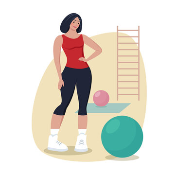 Young sporty woman with fit ball standing in gym. Body positive girl do fitness exercises in gym. Vector illustration