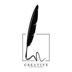 feather pen logo silhouette with square line vector design template