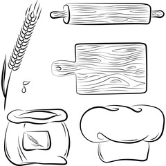 Vector icon Hand drawn bakery set isolated on a white background Elements of kitchen utensils Doodle, simple outline illustration Icons, logos and symbols For web, Print and Stencil Posters.