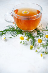 A Cup of chamomile tea and chamomile flowers on the table, space for text