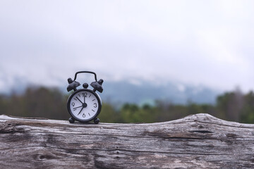 alarm clock on a log with mist landscape background