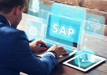 SAP System Software Automation concept on virtual screen data center. Business, modern technology,...