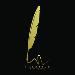 feather pen logo gold vector design template