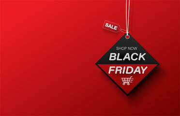 square black friday label shopping cart sale on red background.