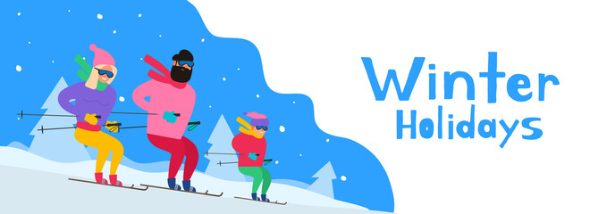 happy family man  woman and kid skiing downhill winter holidays vector illustration