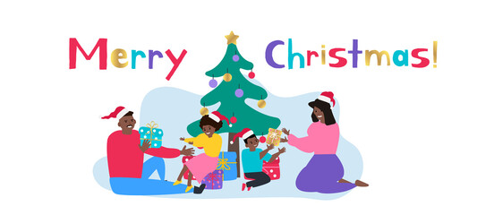 merry christmas happy african american family sitting near the spruce tree with gift boxes vector illustration