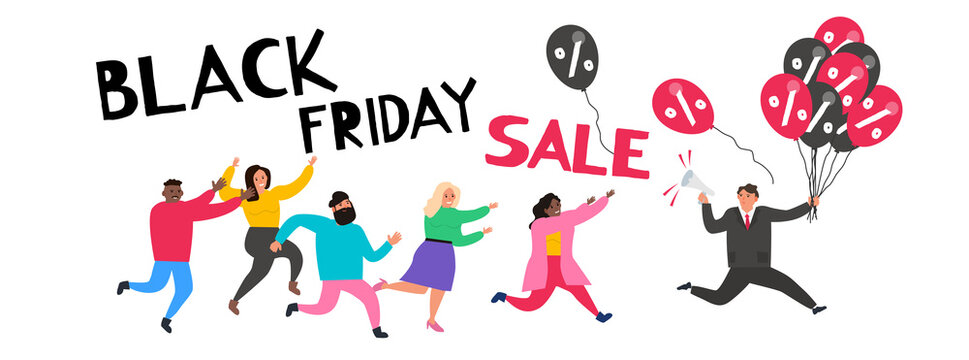 black friday sale running shopping people and salesman with baloons vector illustration