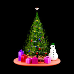 A 3D Christmas tree with tpresent boxes and a snowman.
